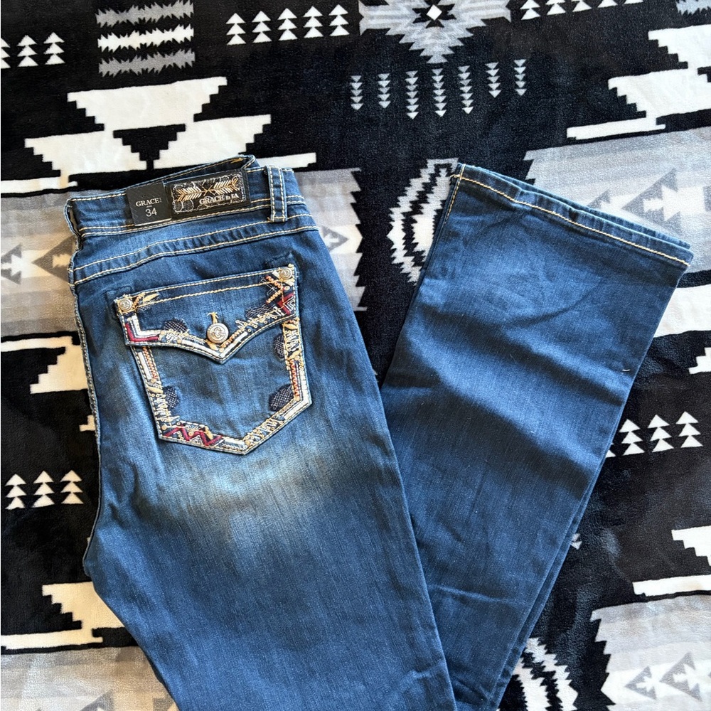 Grace in LA Dark Blue Bootcut Jeans with Embroidered Pocket